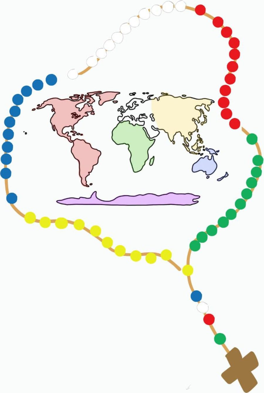 Rosario misionero: cada decena con el color de su continente sobre un mapa del mundo